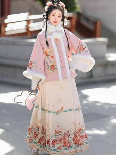 Cute Winter Chinese Party Dress Ming Hanfu Women | pink+white / XL