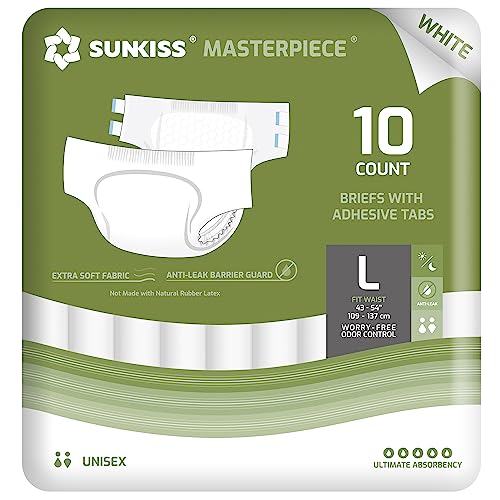 SUNKISS Masterpiece Adult Diapers with Tabs, Unisex Disposable Incontinence Briefs for Women and Men, Odor Control, White, Large, 10 Count - Large - White (Pack of 10)