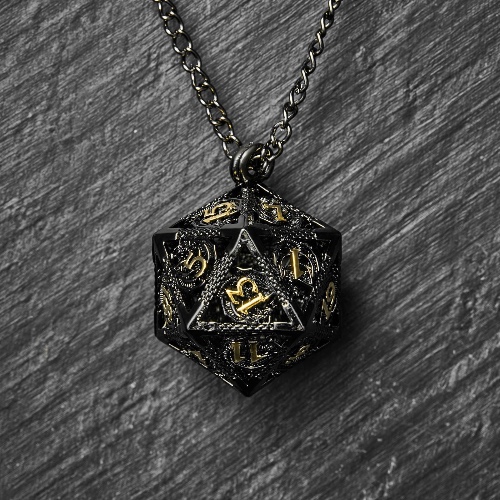 Micro Mini Metal DnD D&D Dice Set Black D20 Dice Cage Necklace | Golden Dice & Case