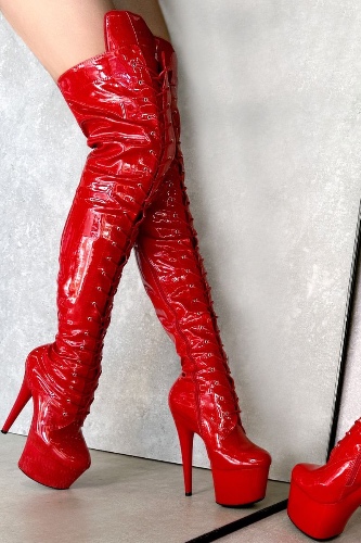 Hella Heels LipKit Thigh High Front Lace 7inch Boots - Cherry Pie | Red / UK4 / EU37 / US6