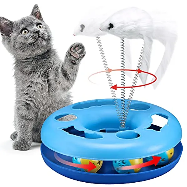 Cat Toys, Cat Toys for Indoor Cats,Interactive Kitten Toys Roller Tracks with Catnip Spring Pet Toy with Exercise Balls Teaser Mouse (Popular Blue)