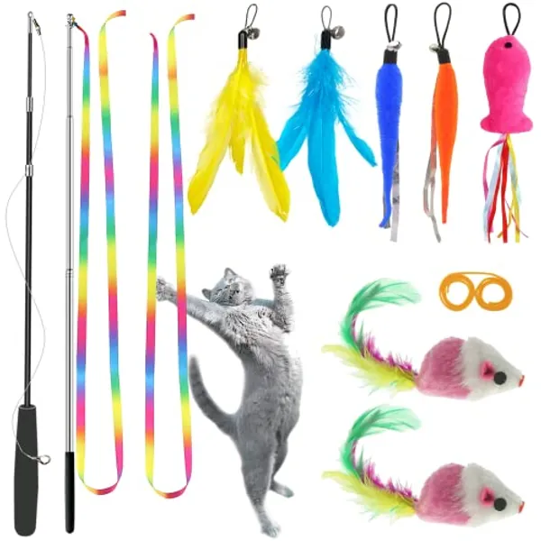 ZPH Cat Toys,Interactive Feather Variety Pack for Cats Wand Kitten Toy-Includ Cat Exercise Toy Fluffy Mouse Worms&Fish