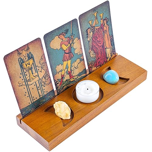 Curawood Tarot Card Holder Stand - Display Your Daily Draw - Witchy Gifts for Women, Tarot Accessories, Wiccan Altar Supplies, Witchcraft Decor, Divination Tools - 3-Card Stand with Etched Moon - 3-Card Stand Etched Moon