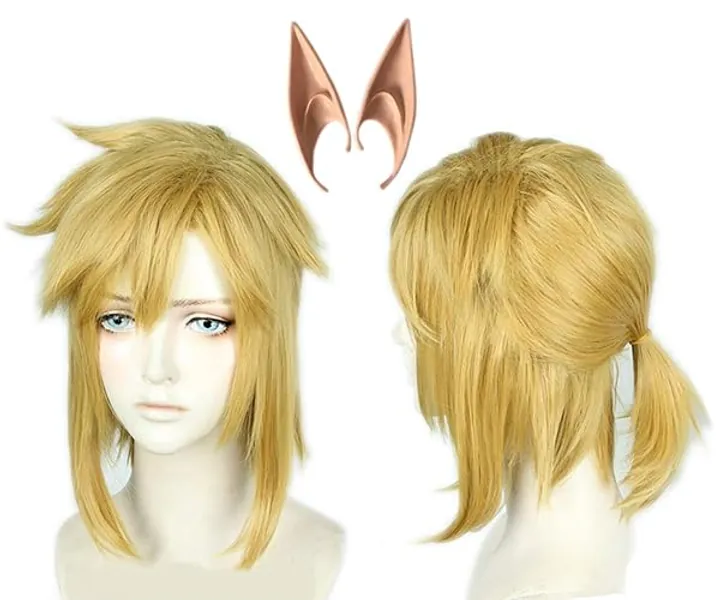 Linfairy Kurze blonde Perücke, Halloween-Cosplay-Perücke für Männer, Zopf mit 2 Elfenohren