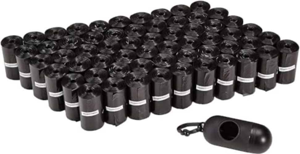 Amazon Basics Standard Dog Poop Bags with Dispenser and Leash Clip, Unscented, 900 Count, 60 Pack of 15, Black, 13 Inch x 9 Inch - 15 Count (Pack of 60)