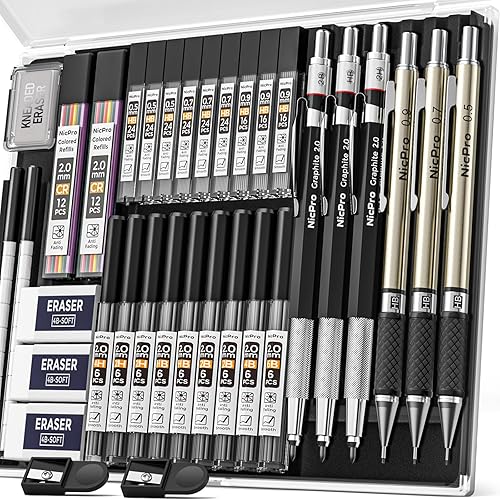 Nicpro 35PCS Art Mechanical Pencils Set, Metal Clutch Propelling Drafting Pencil 0.5, 0.7, 0.9 mm & 3PCS 2mm Lead Holder (6B 4B 2B HB 2H 4H Colors) For Sketching Drawing With 20 Tube Lead Refills Case - Black