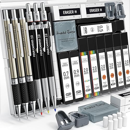 FourCandies 25PCS Art Mechanical Pencil Set with Case, 3PCS Metal Artist Lead Pencil 0.5, 0.7, 0.9 mm & 3PCS 2mm Lead Holder(HB 2H 2B 4B Color) with 432PCS Graphite Lead Refills for Drawing Sketching