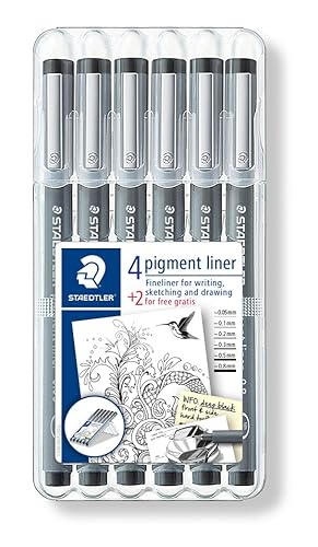 STAEDTLER ‎308 SB6P Pigment Liner Fineliner Pens with Assorted Line Width - Black (Set of 4 + 2 Free) - 6 count (Pack of 1) - Mixed set - Case of 6