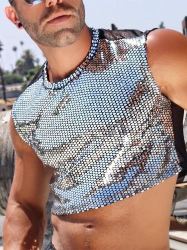 Mens Bright Silver Back Mesh Crop Top SKUI98342 | Silver / M
