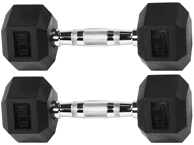 Fitvids Rubber Encased Hex Dumbbell, Multiple Sizes - 10LB Pair