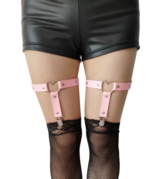 Women Girl Leather Garters Sexy Heart Leg Garter Belt Kawaii Punk Rock Anti-Slip Clips Elastic Garter 2pcs - Pink Adjustable:11.81-21.65"