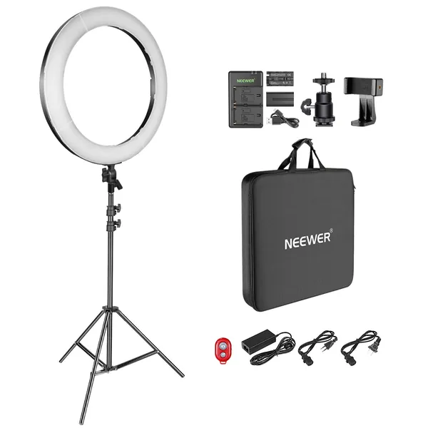 Neewer 18-inch LED Ring Light Kit for Makeup YouTube Video Blogger Salon - Adjustable Color Temperature with Battery or DC Power Option, Battery, USB Charger, AC Adapter, Phone Clamp, Stand Included
