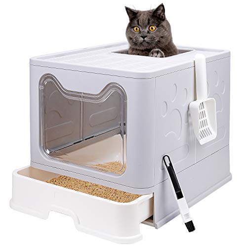 Foldable Cat Litter Box with Lid, Enclosed Cat Potty, Top Entry Anti-Splashing Cat Toilet, Easy to Clean Including Cat Litter Scoop and 2-1 Cleaning Brush (Grey) Large - Grey - Large