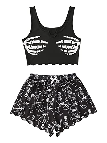 WDIRARA Women's Plus Size Sleepwear Cute Cartoon Print Scalloped Tank Top and Shorts Pajama Set - 3X-Large Plus - Black and White