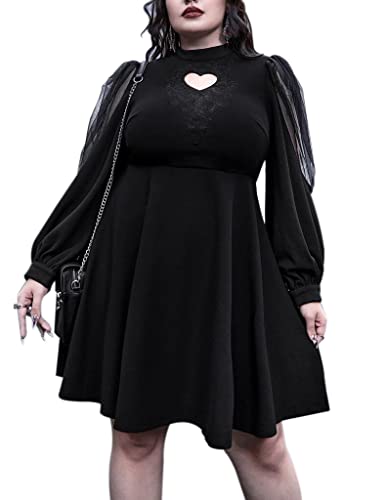 LANSHULAN Gothic Plus Size Keyhole Neckline Puff Sleeve Gothic Dress - 3X-Large Plus - Keyhole Neckline