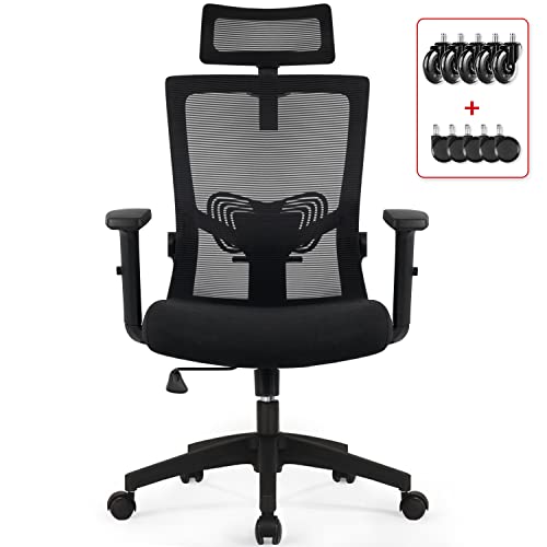 Daccormax Bürostuhl Ergonomisch, Schreibtischstuhl mit Verstellbarer Kopfstütze, Armlehnen, Lendenwirbelstütze, Drehstuhl Wippfunktion, Chefsessel aus Mesh,Rückenschonend, Bürostuhl 150kg - Schwarz - Mit Leise Rollen