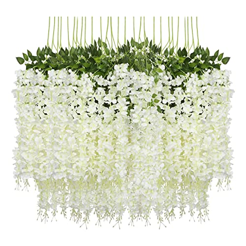 Pauwer Wisteria Hanging Flowers 24 Pack Fake Flower Garland Artificial Wisteria Vines Rattan Silk Flower String Wedding Party Wall Decorations,White - White - 24