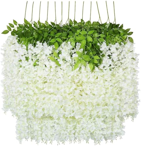 ILLVERA 24pack Artificial Fake Wisteria Vine Garland-GreenDec 3.6Ft/Piece Silk Wisteria Vine Ratta Hanging Flower for Home Garden Wedding Decor,(White) (White) - White - 24 pack