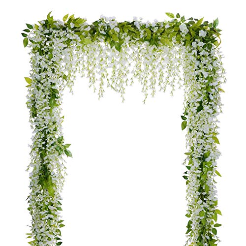 Lvydec Wisteria Artificial Flowers Garland, 4Pcs Total 28.8ft White Artificial Wisteria Vine Silk Hanging Flower for Home Garden Outdoor Ceremony Wedding Arch Floral Decor - White,green