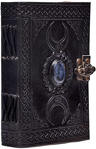 C CUERO 3 Moon Blue Lapiz Embossed Vintage Leather Journal | 240 Pages of Antique Handmade Deckle Edge Vintage Paper, Leather Sketchbook, Drawing Journal, Great Gift (7 inch by 10 inch, black) - 7 inch by 10 inch - black