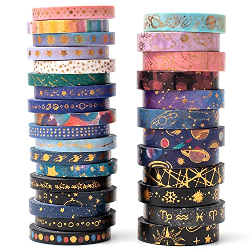 YUBX Skinny Galaxy Washi Tape Set 30 Rolls Gold Foil Decorative Starry Space Masking Tapes for Arts, DIY Crafts, Journals, Planners, Scrapbook, Wrapping Multicolored