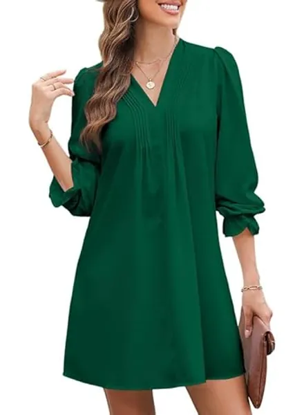 Dokotoo Womens Casual Dress A-Line Ruffle Sleeve V Neck Midi Dress 2024 Fashion Pleated Flowy Sundress Loose Shirt Dresses - X-Large - Green