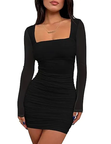 BORIFLORS Women's Sexy Ruched Bodycon Mini Dress Mesh Long Sleeve Club Party Short Dresses - X-Large - Black