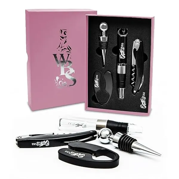 WBS Wine Opener Set- Corkscrew, Foil Cutter, Bottle Stopper, Aerator Pourer - Perfect Wine Accessories for Valentine's Day, Birthdays - Ideal for a Wine Basket, Wine Lovers, Vino Tool Kit - Pink