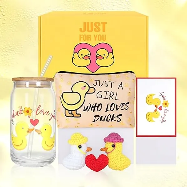 Budding Gallery Duck Gifts Set for Women,Duck Theme Inspirational Gift,Duck Glass Cup with Handmade Crochet Duck for Women Friend Men Family Valentine's Day Friendship Birthday Gifts