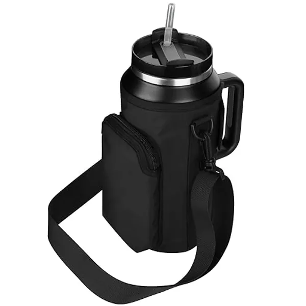 Xxerciz Water Bottle Carrier Bag with Phone Pocket for Stanley 30/40/64oz Tumbler with Handle, Nylon Water Bottle Holder Pouch with Adjustable Strap, Bottle Sling Sleeve for Stanley Cup Accessories - 64oz - Black