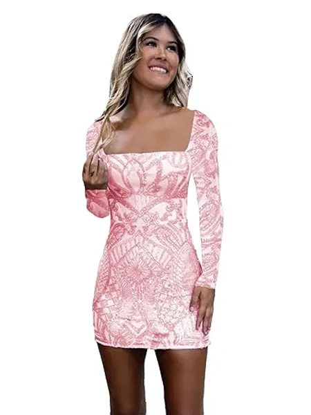 YMeiPaodw Women's Long Sleeve Sequin Lace Homecoming Dresses Short Tight Sparkly Square Neck Prom Cocktail Dress - 16 Plus - Blush Pink
