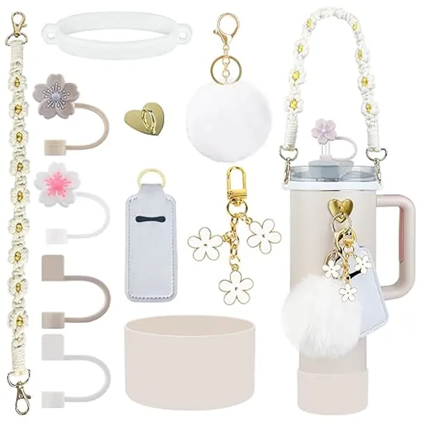 Velaco 11 PCS Cup Accessories for Stanley Cup, Water Bottle Handle Strap for Stanley 30/40 oz tumbler with handle, including Straw Toppers, Silicone Cup Boot, Keychain Charms - White - 11 PCS White