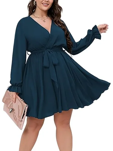 SCOMCHIC Women's Plus Size Long Sleeve Wrap V Neck Tie Waist A Line Mini Short Dress - Emerald Green X-Large Plus