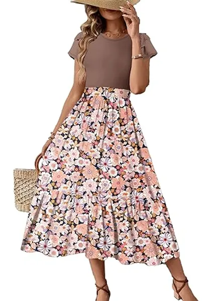 Dokotoo Women's Summer 2025 Maxi Dress Ruffle Short Sleeve Casual Floral Print Long Flowy Dresses with Pockets - Khaki - X-Large