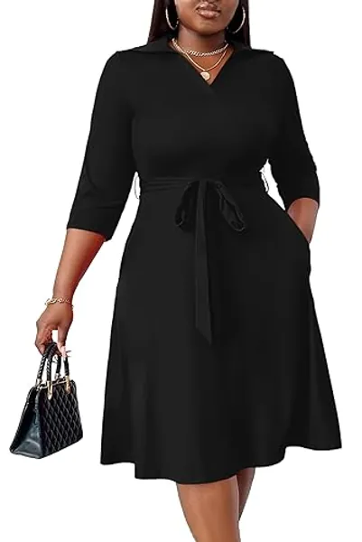 FANDEE Plus Size Midi Dress for Women - Printing Summer Dresses for Wedding Guest Cocktail Party 3/4 Sleeve V Neck（XL-5XL） - X-Large - Solid Black