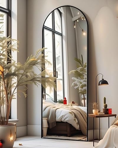 Otlsh Floor Mirror, 58"×18" Arched Full Length Mirror Arched with Stand, Standing Mirror, Full Body Mirror, Large Mirror, Arched Wall Mirror, Freestanding, Aluminum Frame - Black - Black - 18"×58"