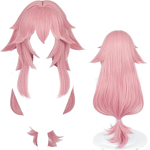 Uniquebe Yae Miko Cosplay Wig Long Pink Wig with Bangs Anime Pink Wig 33'' Pink Spiky Layered Wigs for Women Girls Halloween Party Comic Con - Yae Miko