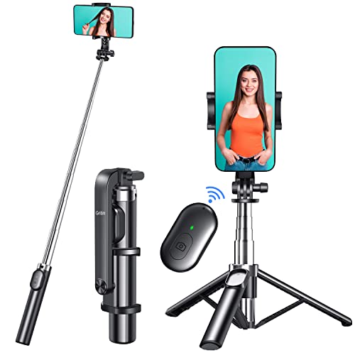 Selfie Stick, Gritin 4 in 1 Selfie Stick Tripod with Bluetooth Remote, 360° Rotation Extendable Ultra Stable Bottom Design Selfie Stick Compatible with iPhone 14/14 Plus/13/12 Pro, Galaxy, Gopro,etc