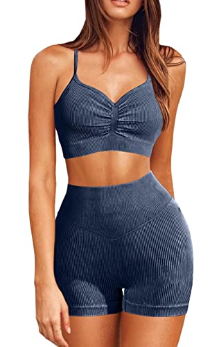 Gym Workout Sets for Women 2 Piece Seamless Ribbed Ruched Butt Lifting High Waist Booty Shorts with Sport Bra Yoga Outfits - Blue - M
