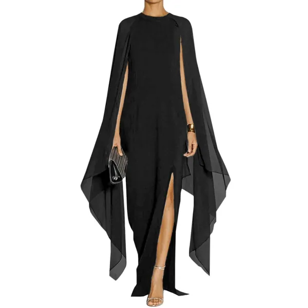 High Split Flare Sleeve Formal Evening Gown with Cape