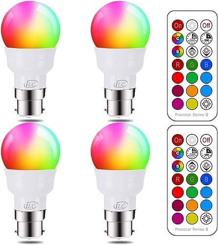 iLC LED Light Bulbs, 40 Watt Equivalent Colour Changing 5W B22 Bayonet A60 RGBW Lights, RGB White Coloured Dimmable - 12 Color Choices - Remote Controller Included (4 Pack) - Cool White 5700k + Rgb