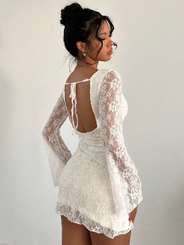 Aloruh Robe mini élégante à manches longues avec dos nu et laçage pour femme