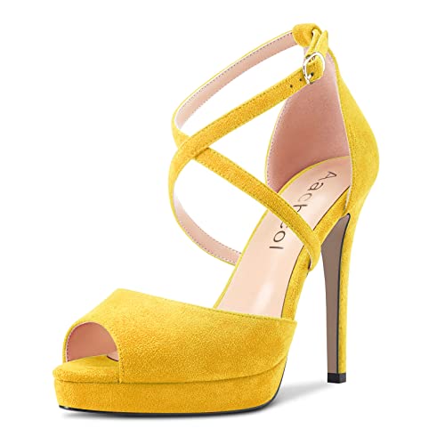 Aachcol Women Sandals Platform Peep Open Toe Ankle Strap Stiletto High Heel Dress Shoes Pumps Wedding Suede 5 Inch - 8.5 - Yellow