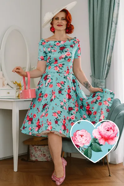 Darlene 50s Style Rose Floral Off Shoulder Swing Dress in Aqua Blue | 14