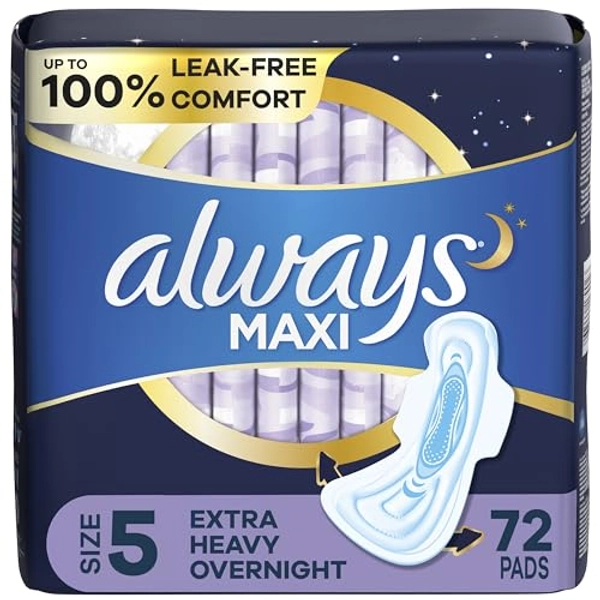 Always Maxi Overnight Pads with Wings, Size 5, Extra Heavy Overnight, Unscented, 72 Count - 72 Count (Pack of 1)