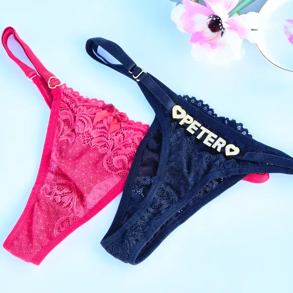 Custom Lace Thong With Gold Charms Name - Gift for him - Personalized Charm Thong
