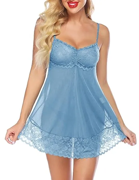 Avidlove Lace Babydoll Lingerie Sexy Mini Chemise Mesh Wedding Nightie Bridal Nightdress - Clear Blue - X-Large