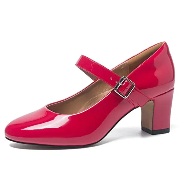 MAIERNISI JESSI Unisex Men's Women's Mary Jane Shoes Block Heel Round Toe Buckle Mid High Dress Pumps - 8.5 Women/7 Men - Patent Red