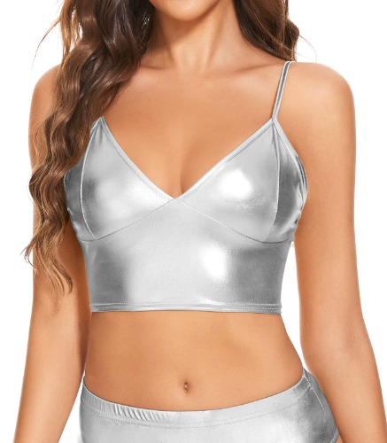 Women's Metallic Crop Top Shiny Rave Bra for Dance Festivals Costumes - Large - Silver