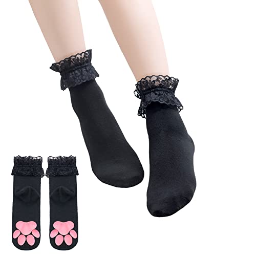 Littleforbig Cosplay 3D Paw Pad Silicone Kitten Lace Trim Cotton Ankle Socks - Large - Black